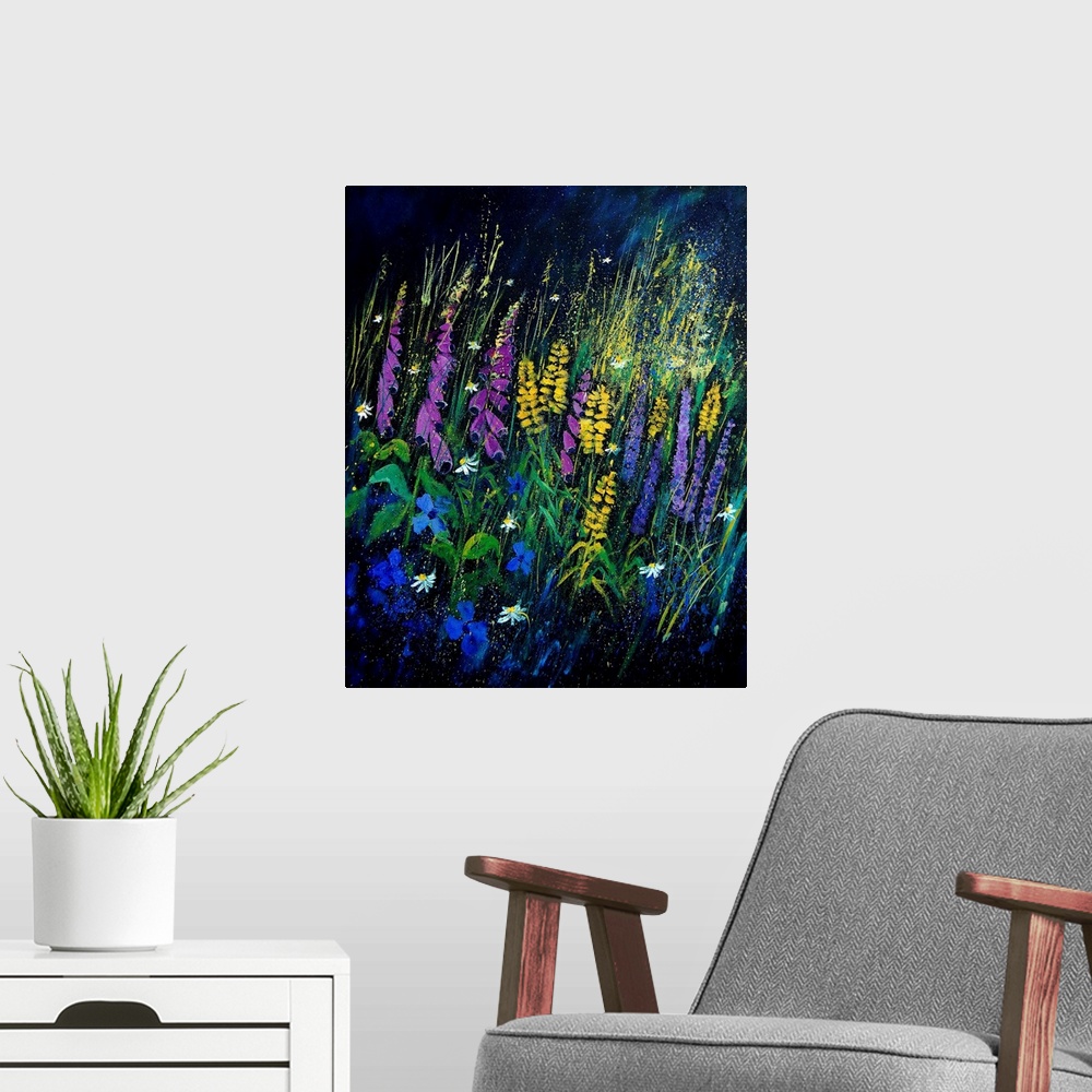 A modern room featuring A vertical painting of a large group of garden flowers on a dark backdrop.