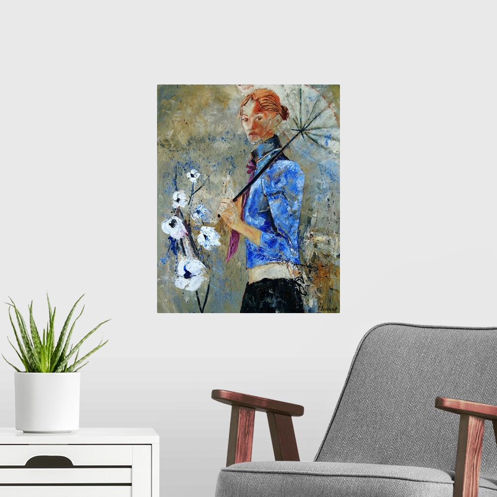 A modern room featuring Vertical portrait of a woman in a blue jacket holding an umbrella with white flowers in front of ...