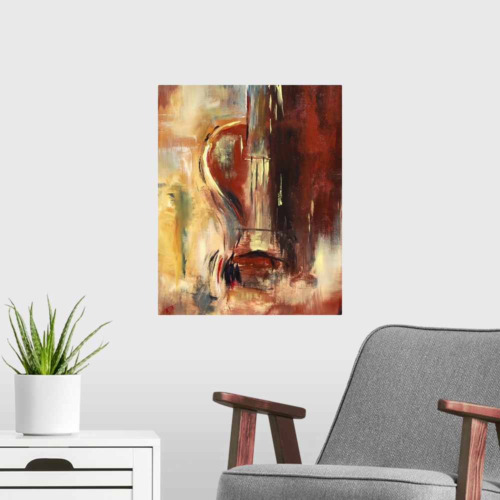 A modern room featuring A vertical abstract painting of a violin with muted colors of red and yellow.