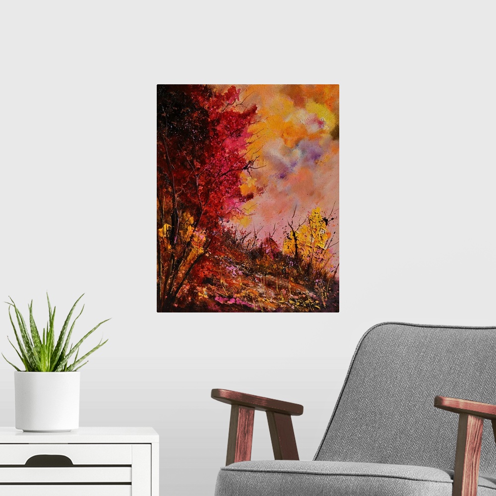 A modern room featuring Vertical painting of a group of red leaved trees in the fall with speckles of paint overlapping.