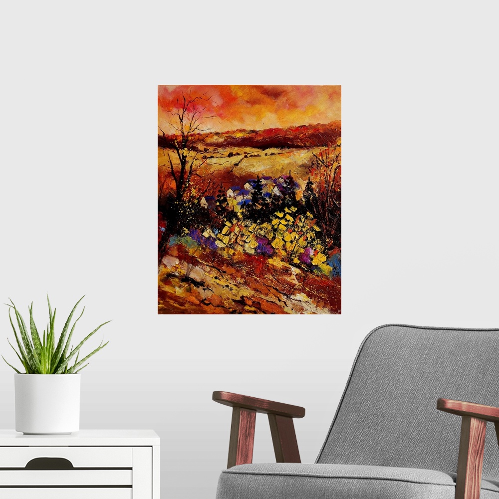A modern room featuring Painting of a field of flowers in Manhay, Belgium using bright, warm colors.