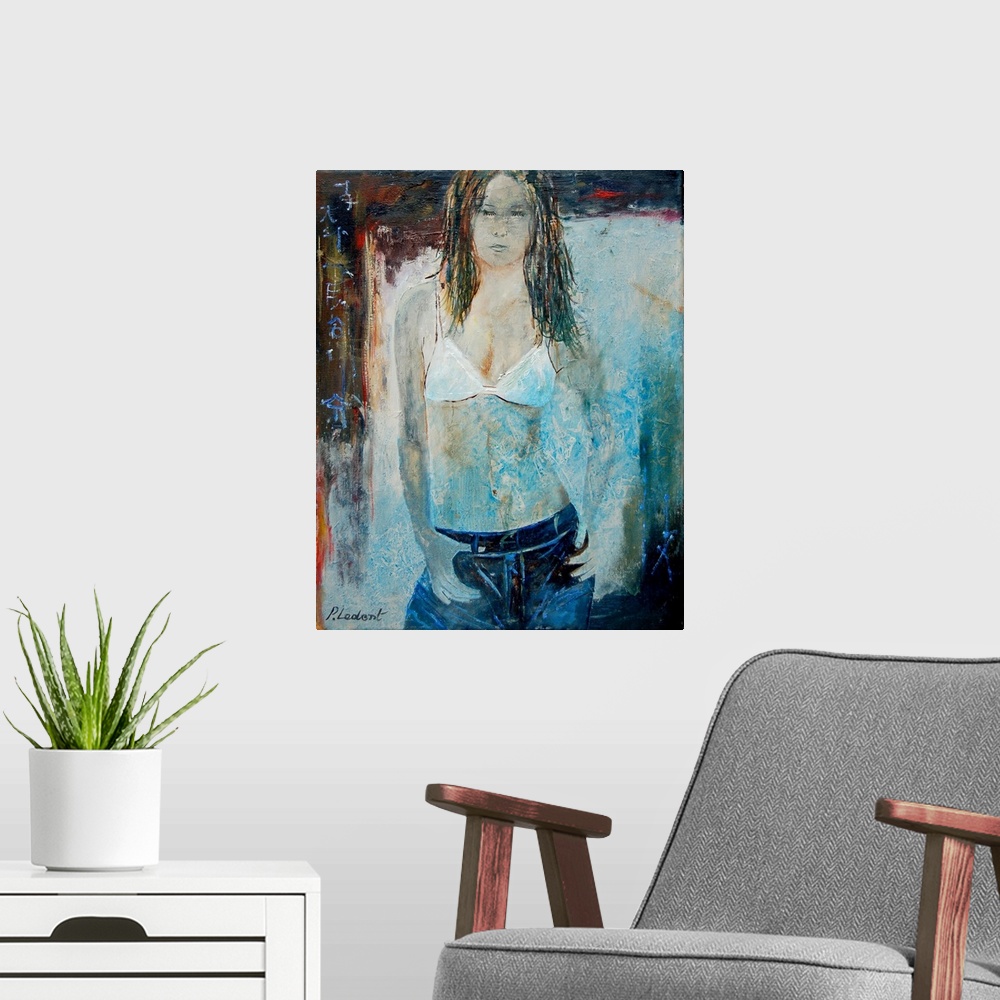 A modern room featuring Modern portrait of a woman from the wearing a white bra and jeans.