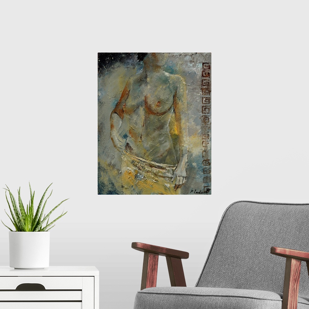 A modern room featuring A painting of a nude woman looking over her shoulder while holding a cloth to her waist, done in ...