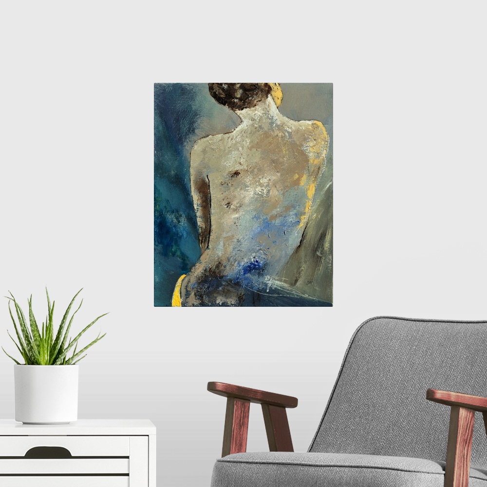 A modern room featuring A painting of a nude woman, with her back towards the viewer, done in textured neutral tones.