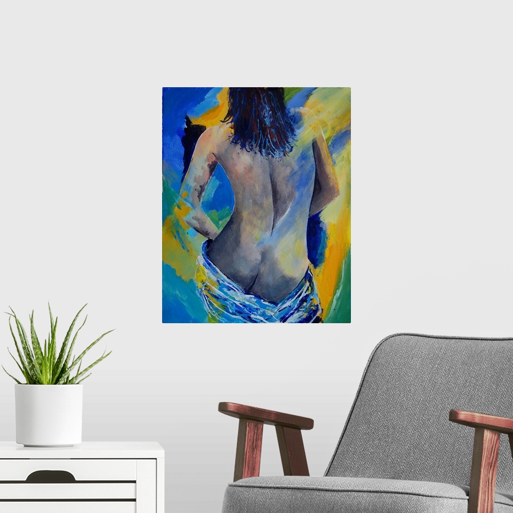 A modern room featuring A nude painting of the back of a woman draped in a white cloth in textured colors of blue and yel...