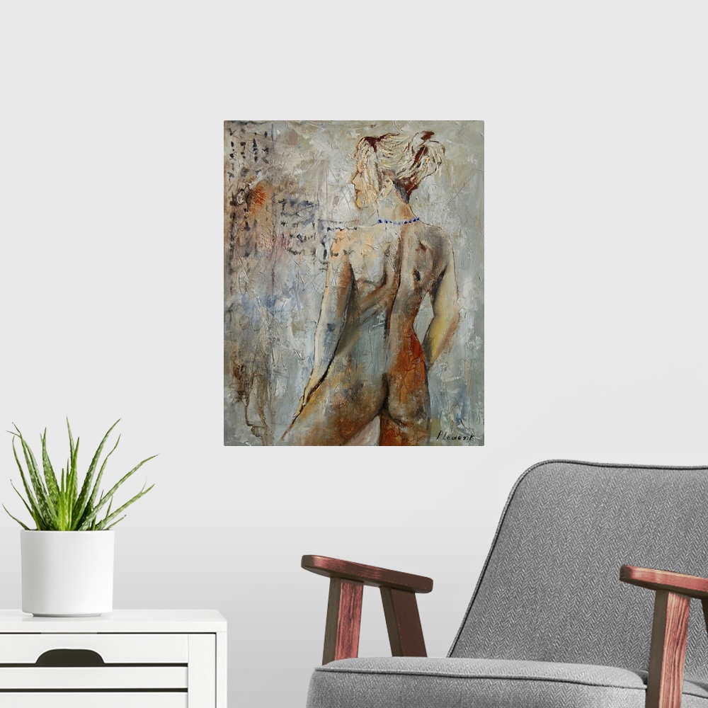 A modern room featuring A nude painting of the back of a woman as she looks over her shoulder in neutral shades of textur...