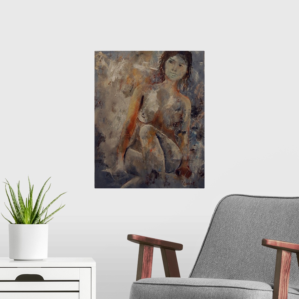 A modern room featuring A nude portrait of a woman sitting, painted in textured neutral colors with orange accents.