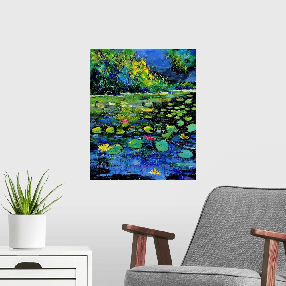 A modern room featuring Vertical painting of a pond with water lilies and small speckles of paint overlapping.