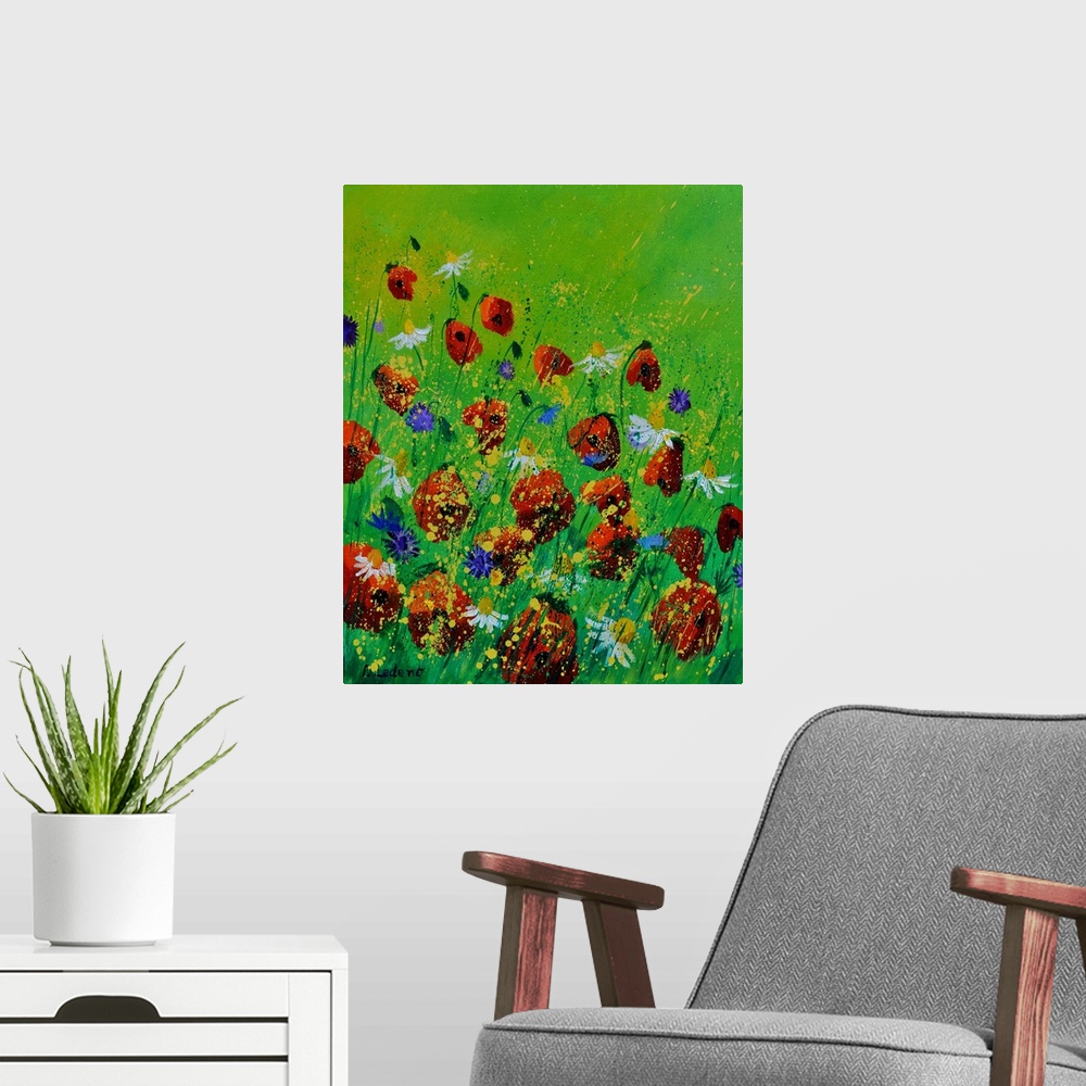 A modern room featuring Vertical painting of colorful flowers in a field with small speckles of paint overlapping.
