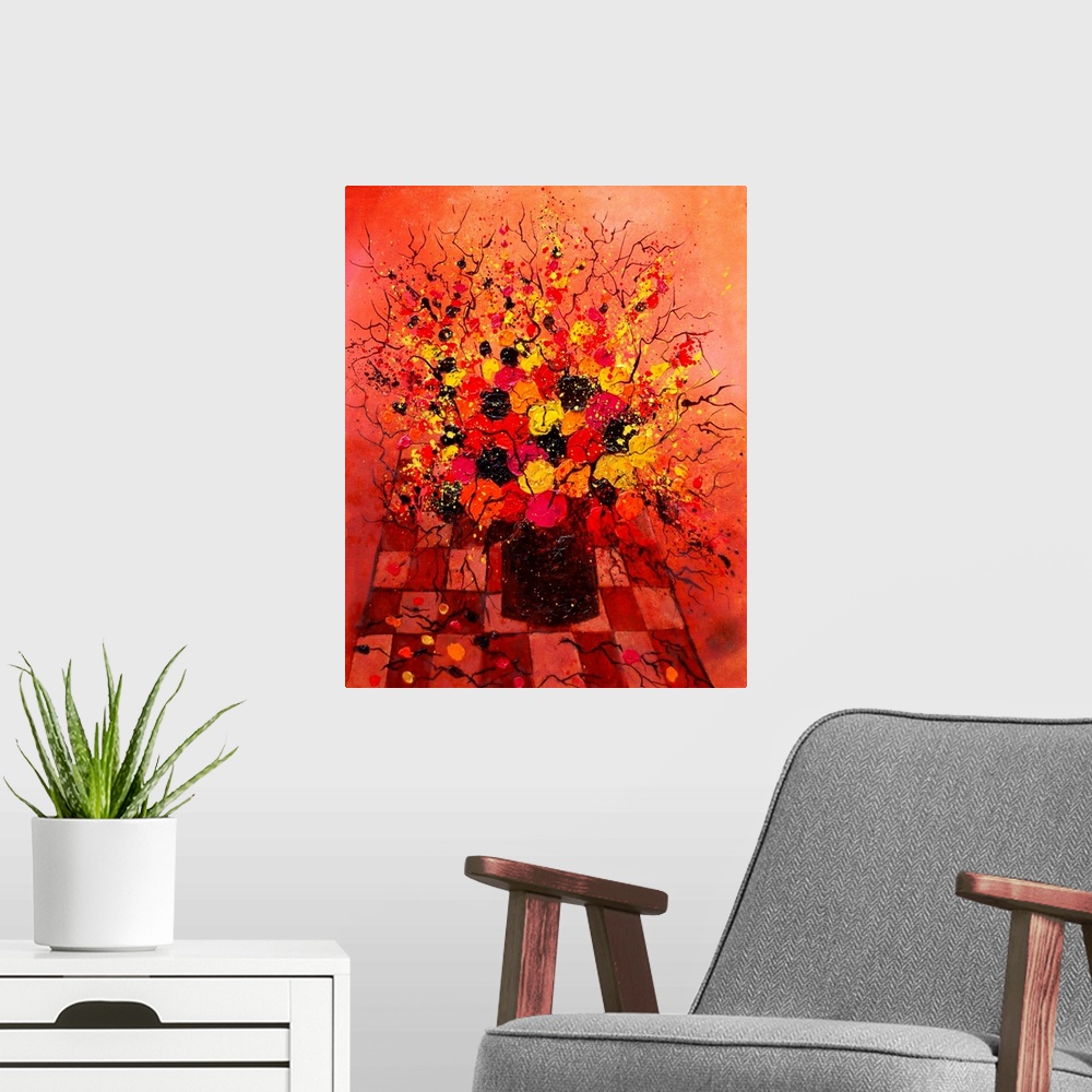 A modern room featuring Contemporary painting of a colorful bouquet of flowers in a black vase on a orange and red backgr...
