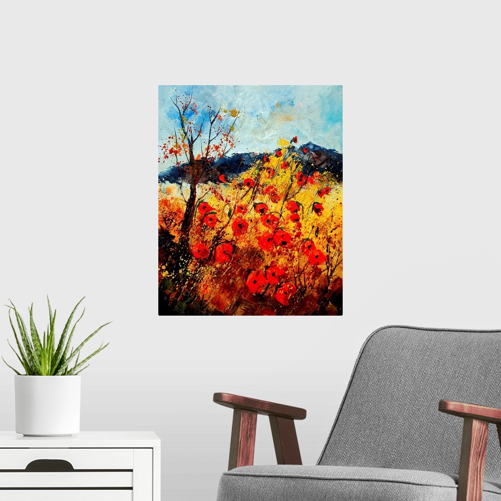 A modern room featuring Vertical painting with a field of red poppies in the foreground and a mountain in the background.