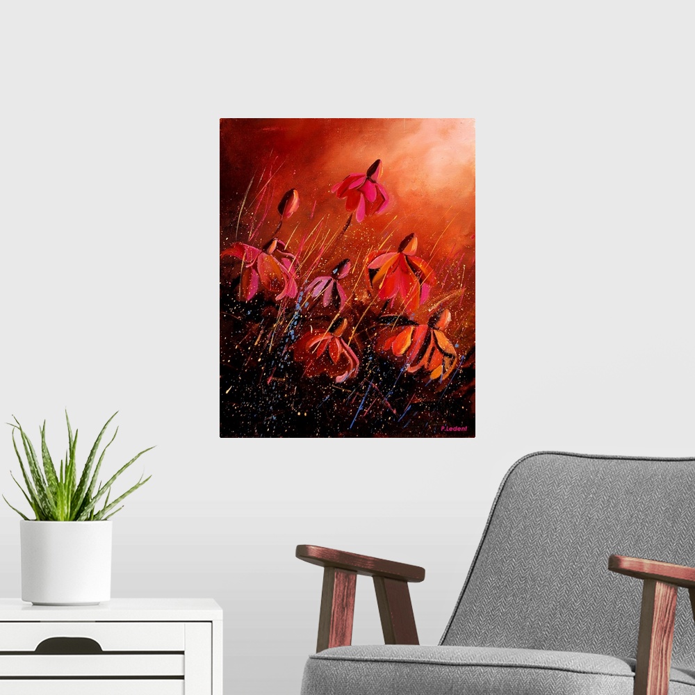 A modern room featuring A vertical contemporary painting of red Rudbeckia flowers in bloom done in a texture paint with f...