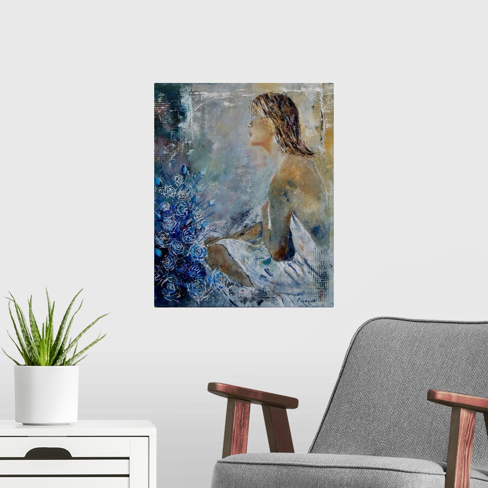 A modern room featuring A contemporary painting of female sitting next to blue flowers.