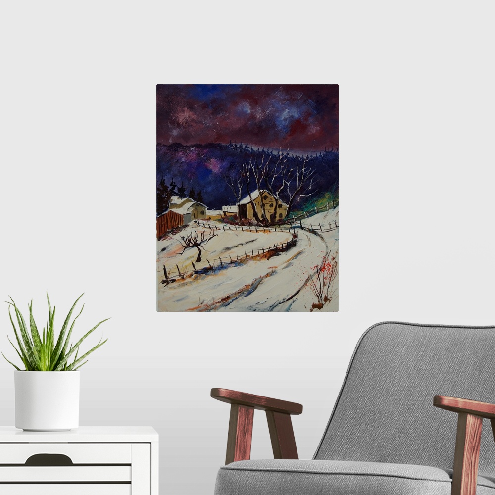 A modern room featuring Vertical painting of a road leading to a snow covered village in Belgium in the evening.