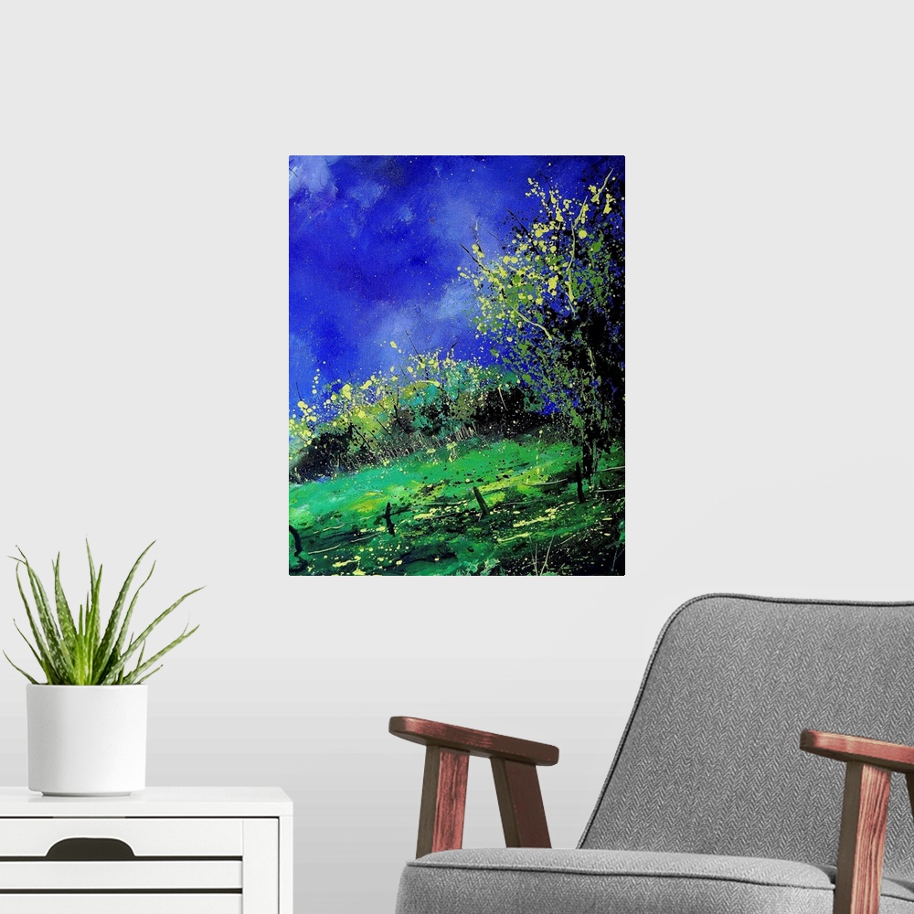 A modern room featuring A vertical painting of a fenced in field with a brilliant blue sky.