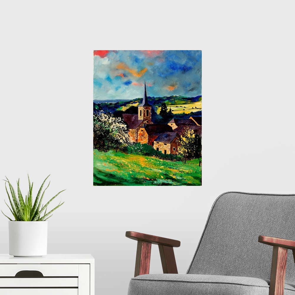 A modern room featuring Vertical painting of a village of Gendron, Belgium in the spring time.