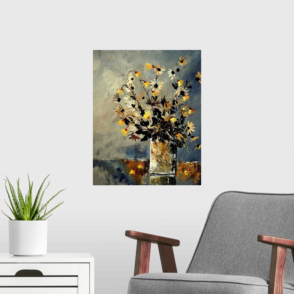 A modern room featuring Contemporary painting of a vase of yellow and white flowers against a neutral backdrop.