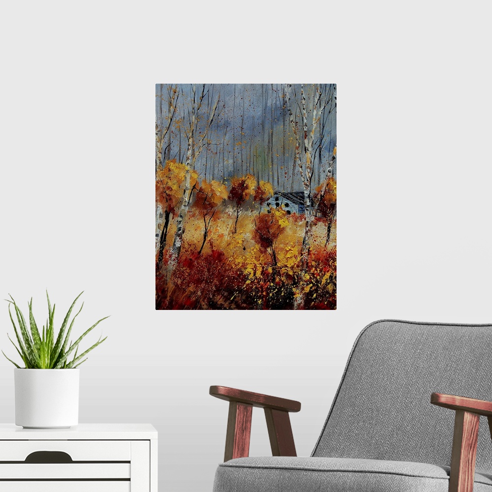 A modern room featuring Vertical painting of lively orange leaved  trees surrounding a small house on an autumn day.