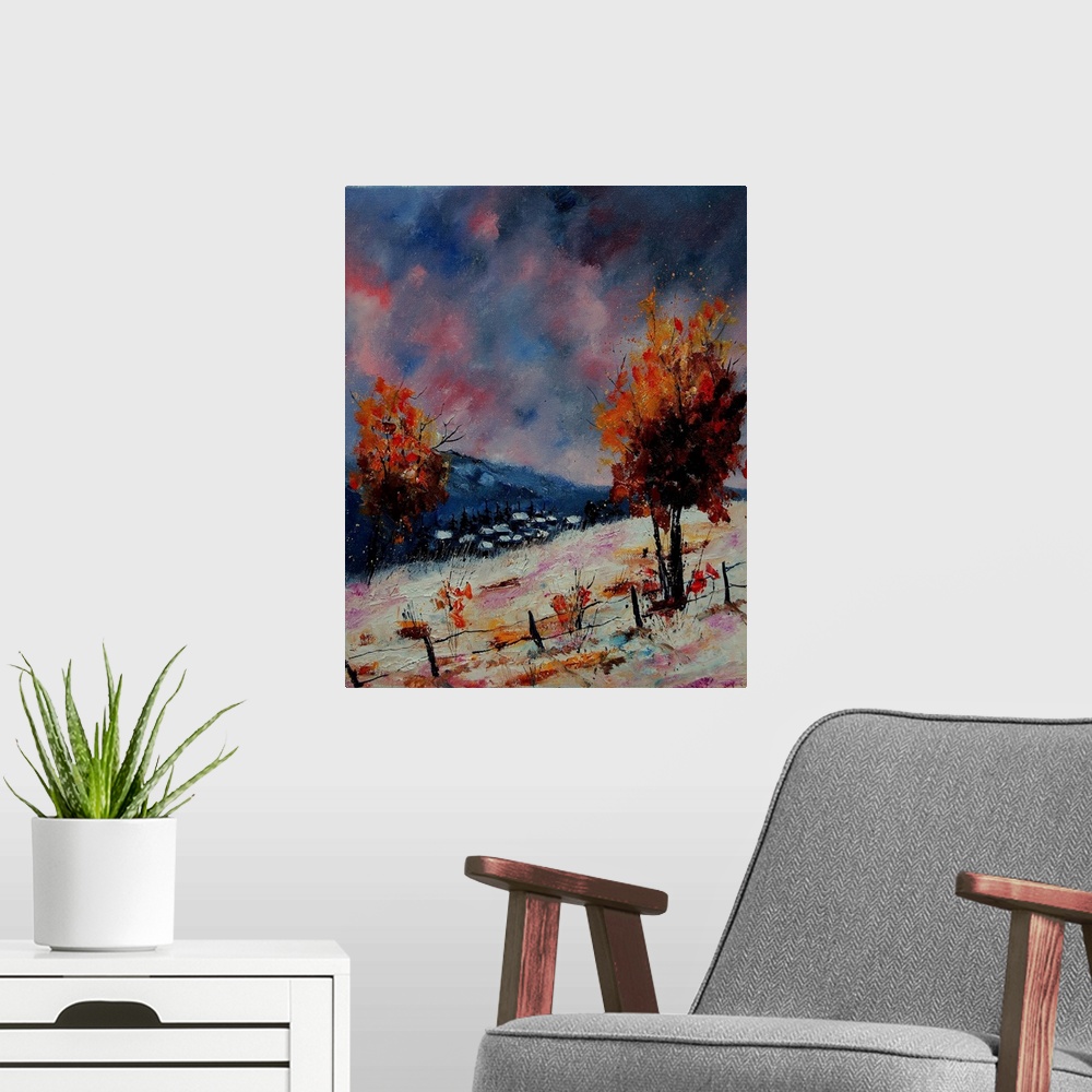A modern room featuring Painting of a fenced snow cover field and vibrant red leaved trees with a pink and blue sky.
