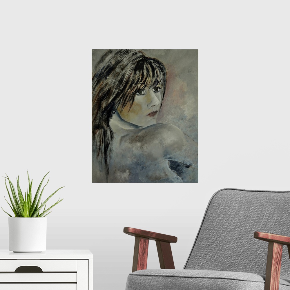 A modern room featuring A protrait of a woman looking over her shoulder, done in textured neutral tones.