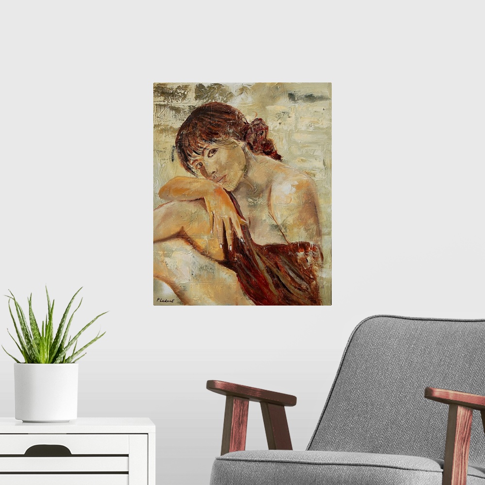 A modern room featuring A nude portrait of a woman sitting, painted in textured neutral colors.