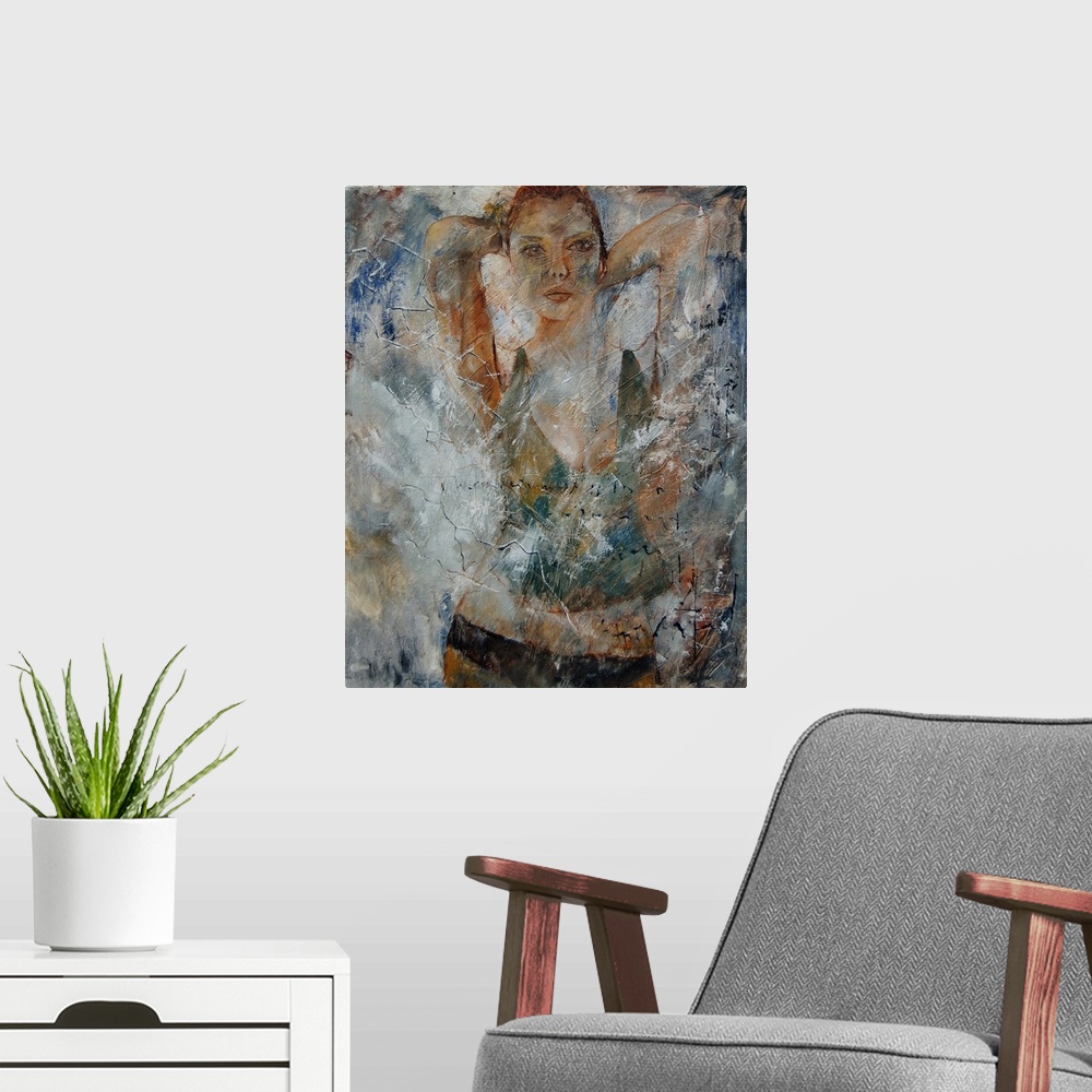 A modern room featuring A portrait of a woman painted in textured neutral colors.