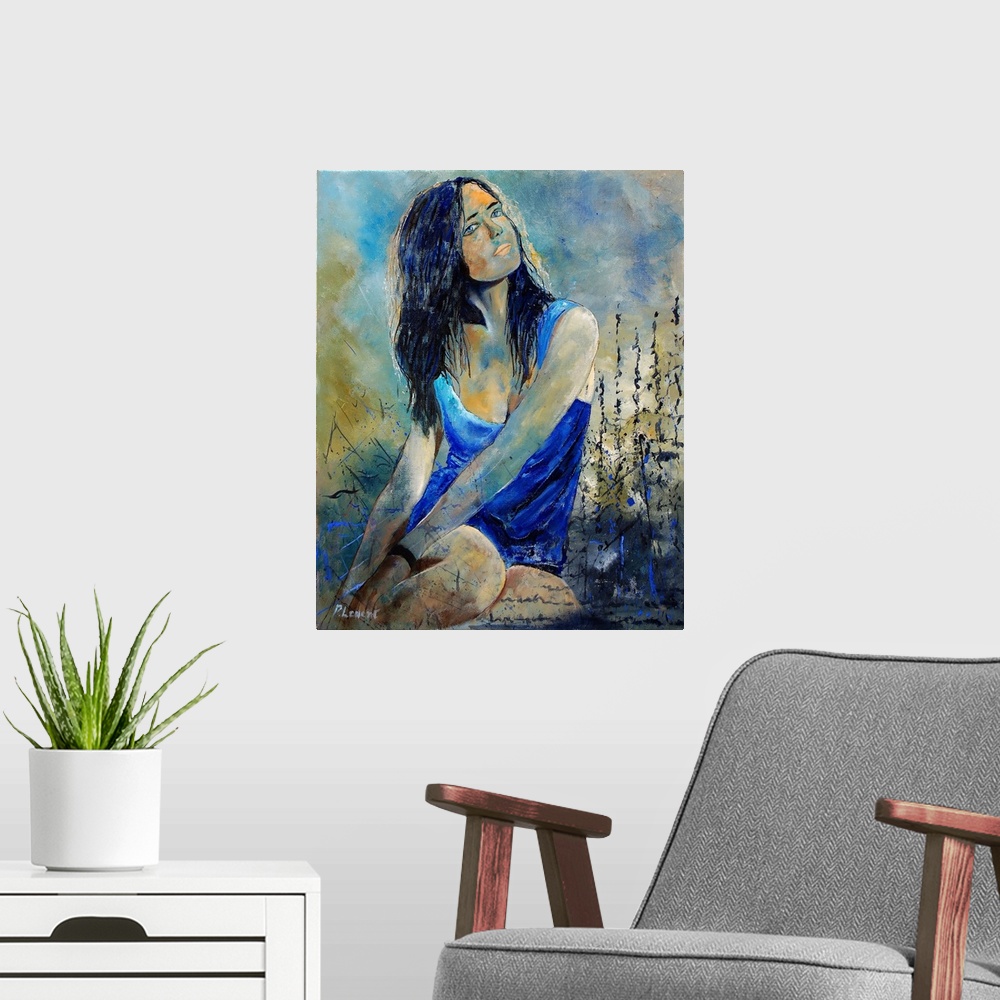 A modern room featuring A portrait of a woman in blue sitting next to wild flowers while looking up at something.