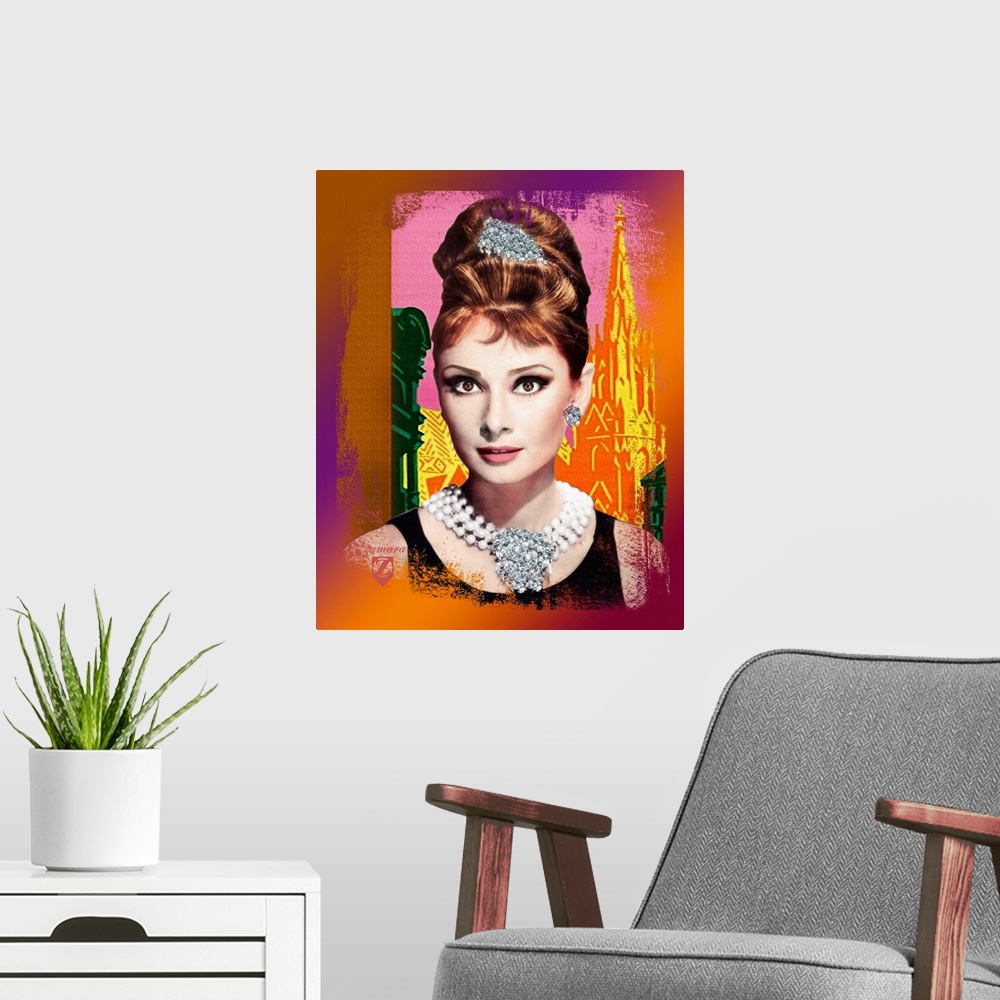 A modern room featuring Portrait artwork on a large wall hanging of a bust image of Audrey Hepburn wearing a large, jewel...