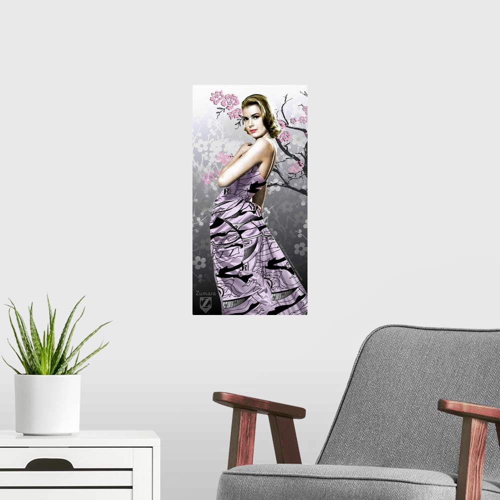 A modern room featuring Grace Kelly Purple Gown Pink Flowers