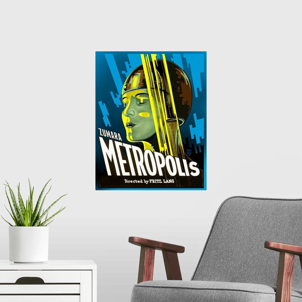 A modern room featuring Metropolis Blue Sci Fi Movie Poster