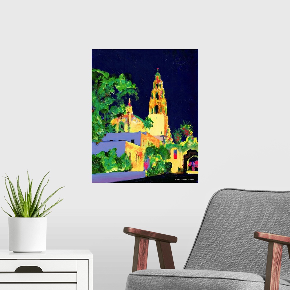 A modern room featuring Decorate your wall with Balboa Park at Night by RD Riccoboni. The California Building and tower i...