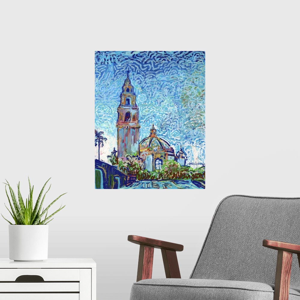 A modern room featuring Vibrant impressionist style art work of The California Building - Museum of Man in Balboa Park.  ...