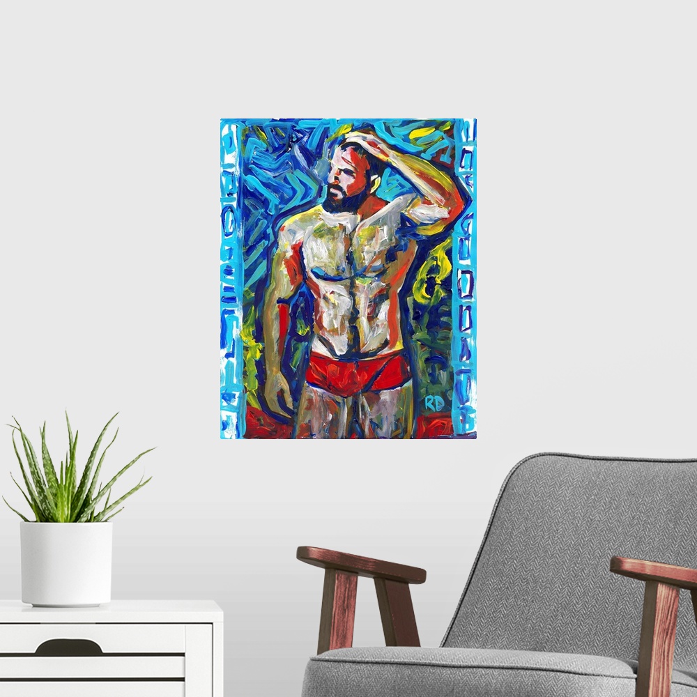 A modern room featuring Man in Red by RD Riccoboni. A Contemporary impressionist style beefcake painting of a sexy dark h...