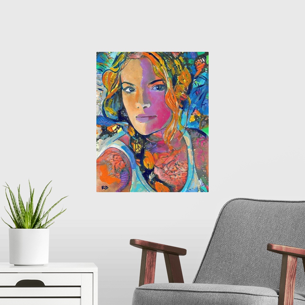 A modern room featuring A surreal portrait of a woman in ponytails and a tank top with butterfly wings and bold color.