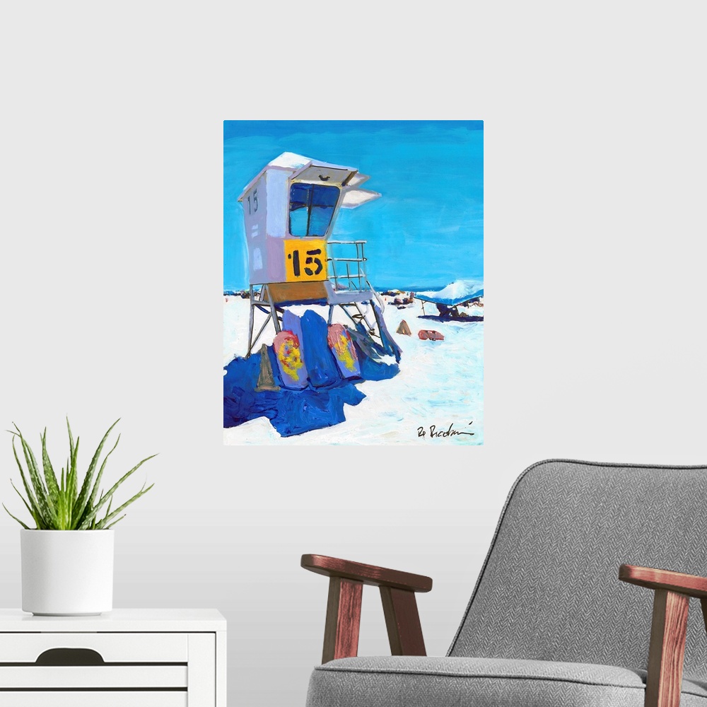 A modern room featuring Mission Beach Lifeguard Tower 15