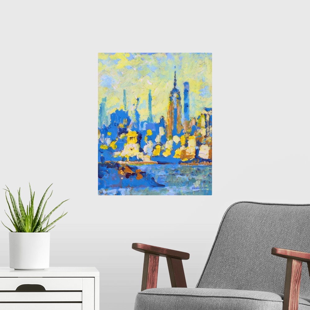 A modern room featuring New York Harbor