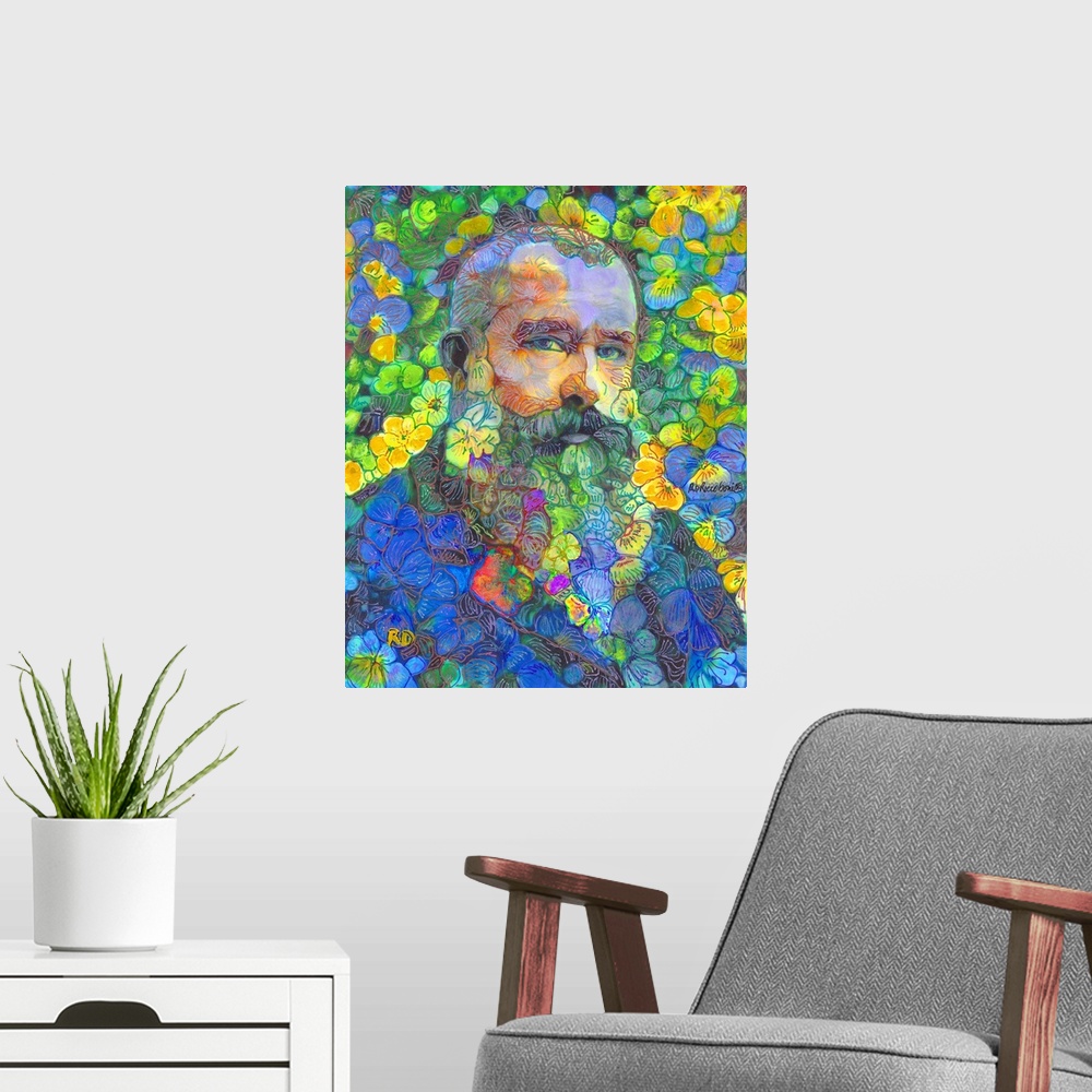 A modern room featuring Papa Bear, Ode to Claude Monet in The Flower Garden, by RD Riccoboni. Flower Bear painting by Ric...