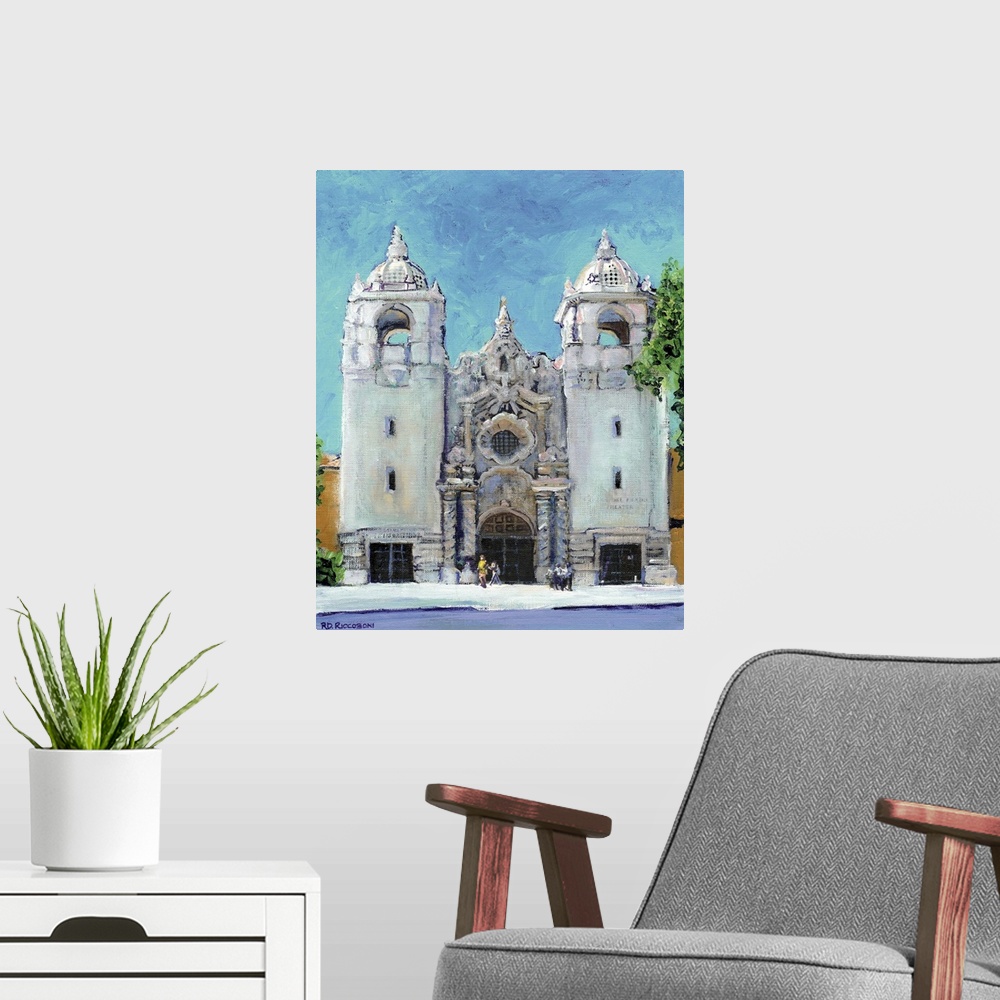 A modern room featuring Painting of San Diego's Del Prado Theater in Balboa Park
