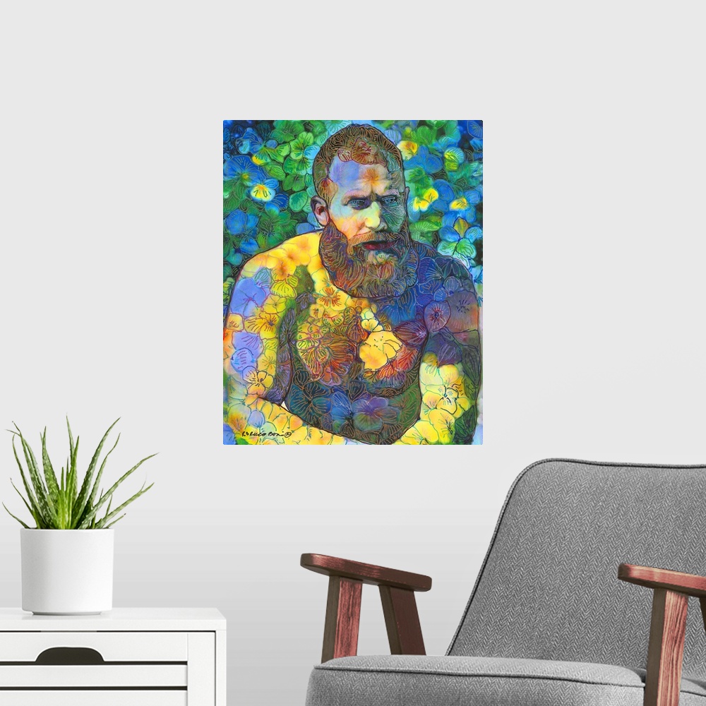 A modern room featuring Portrait of a shirtless man with a beard covered in florals in the style of Vincent Van Gogh.