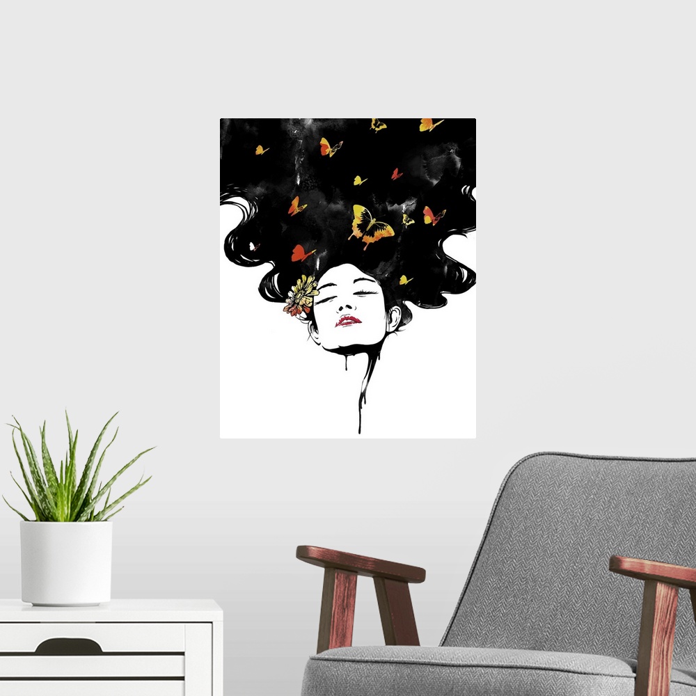 A modern room featuring Illustration of a woman's face with her hair flowing above her, filled with butterflies.