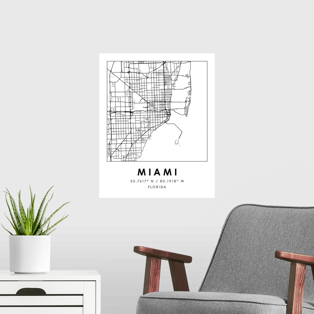 A modern room featuring Black and white minimal city map of Miami, Florida USA with longitude and latitude coordinates.