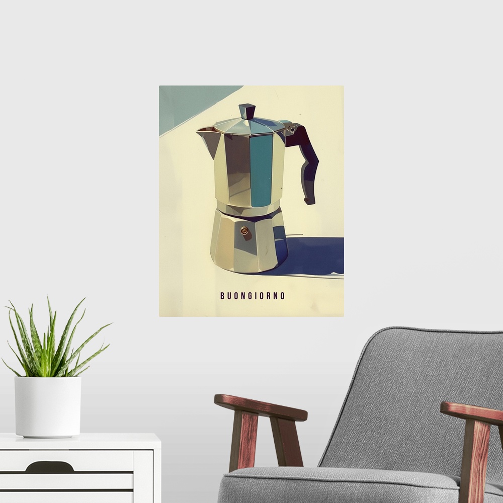 A modern room featuring Buongiorno - Retro Italian Coffee Advertising Poster