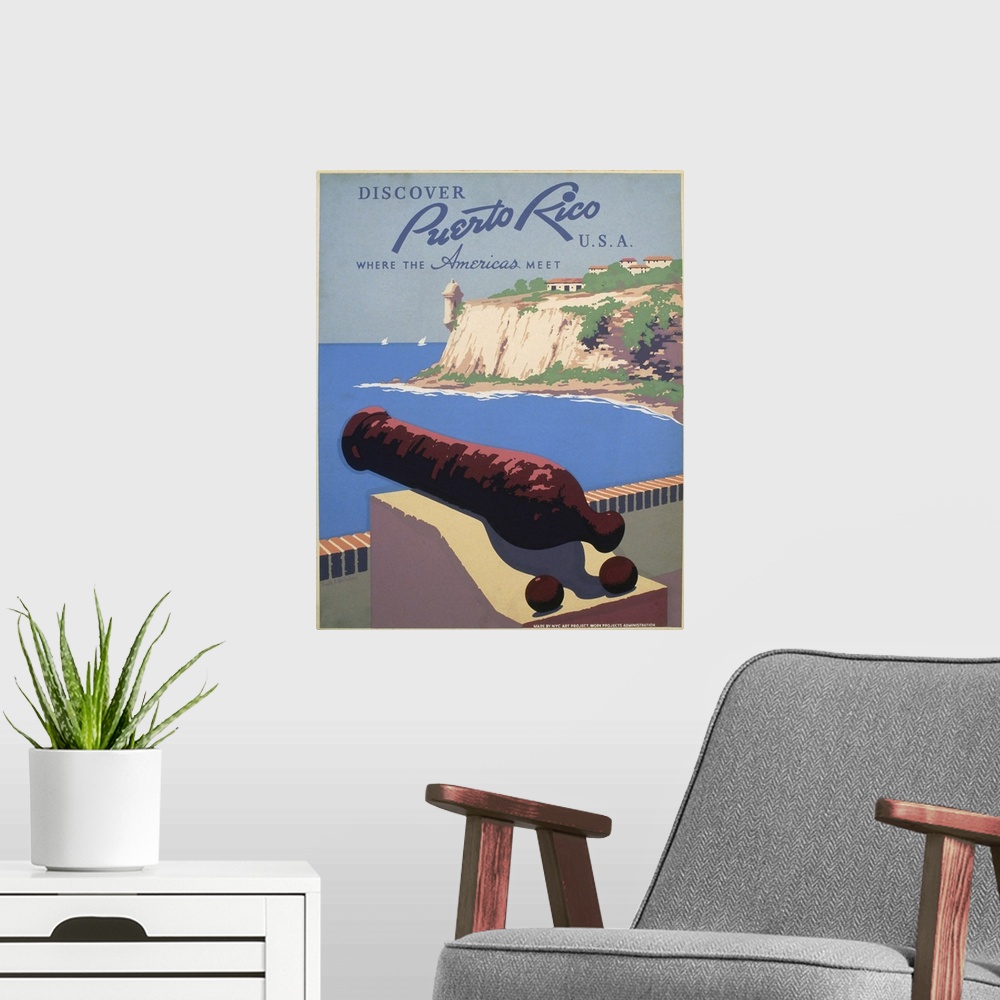 A modern room featuring Discover Puerto Rico U.S.A. Where the Americas meet. Poster promoting Puerto Rico for tourism, sh...