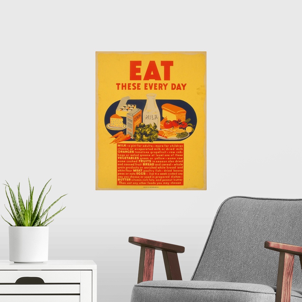 A modern room featuring Artwork promoting consumption of healthy foods, showing dairy products (milk, cheese), eggs, frui...