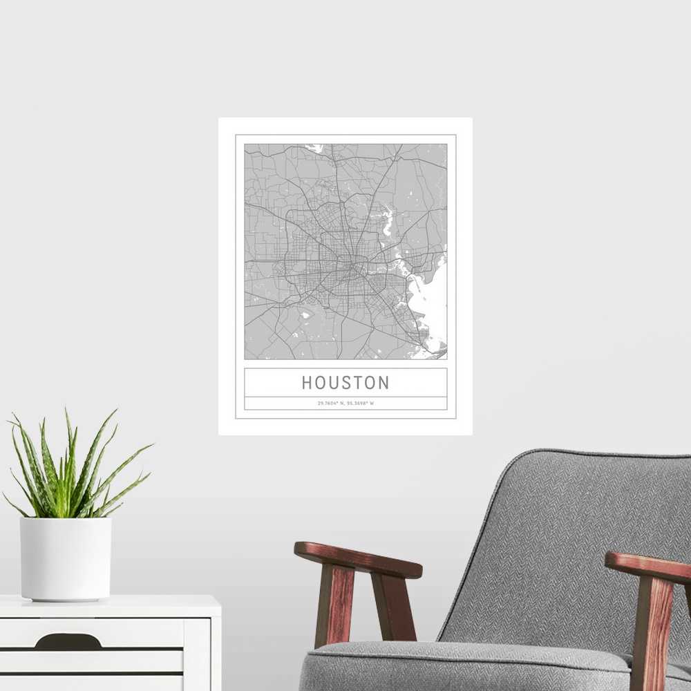 A modern room featuring Gray minimal city map of Houston, Texas, USA with longitude and latitude coordinates.