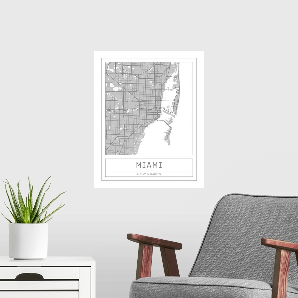 A modern room featuring Gray minimal city map of Miami, Florida USA with longitude and latitude coordinates.