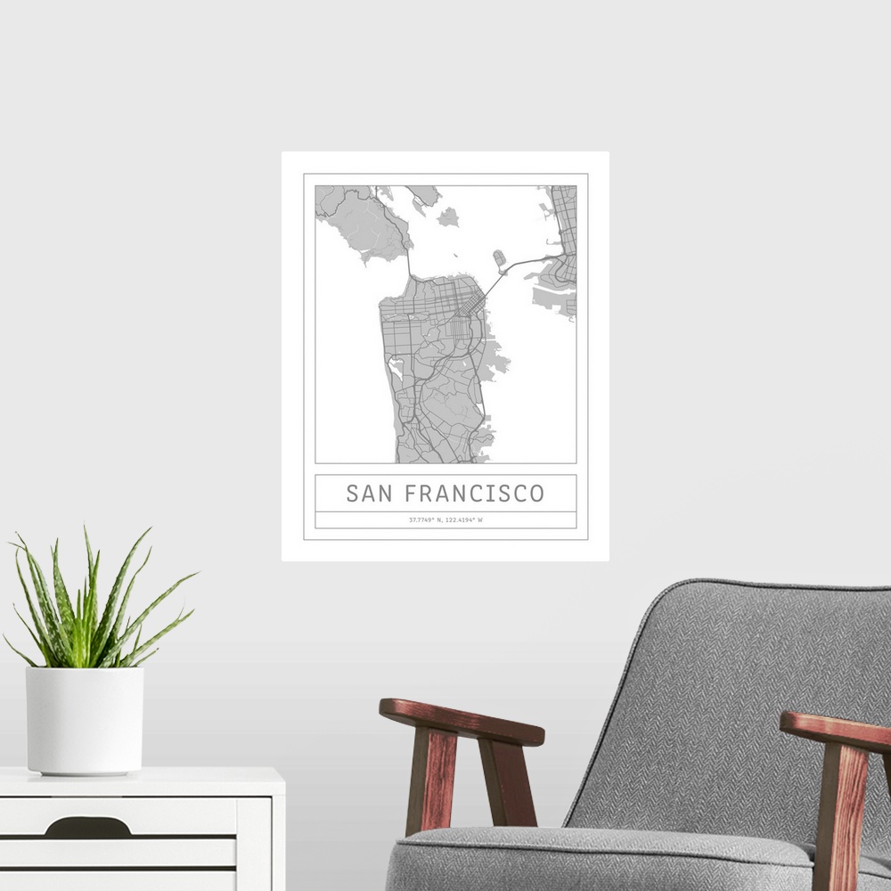 A modern room featuring Gray minimal city map of San Francisco, USA with longitude and latitude coordinates.