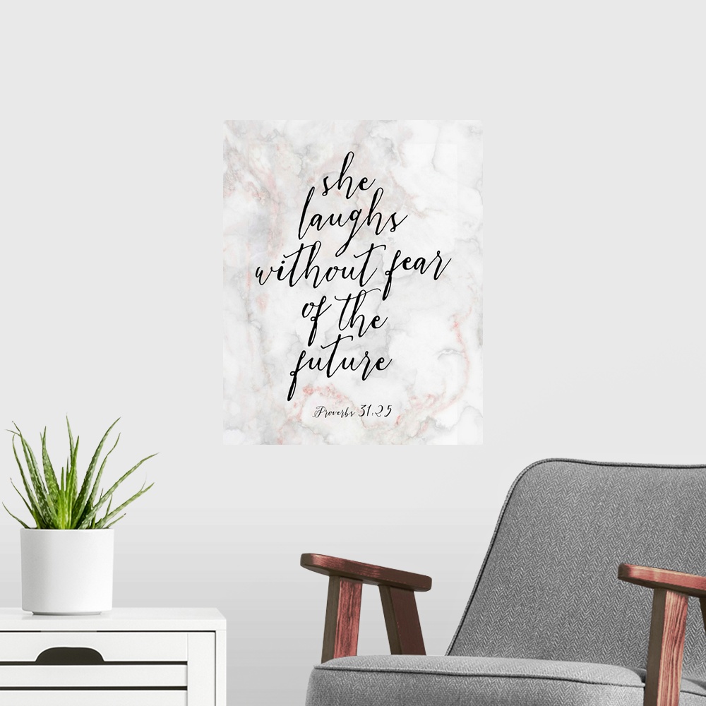 A modern room featuring Handlettered Bible Verse - Proverbs 31:25