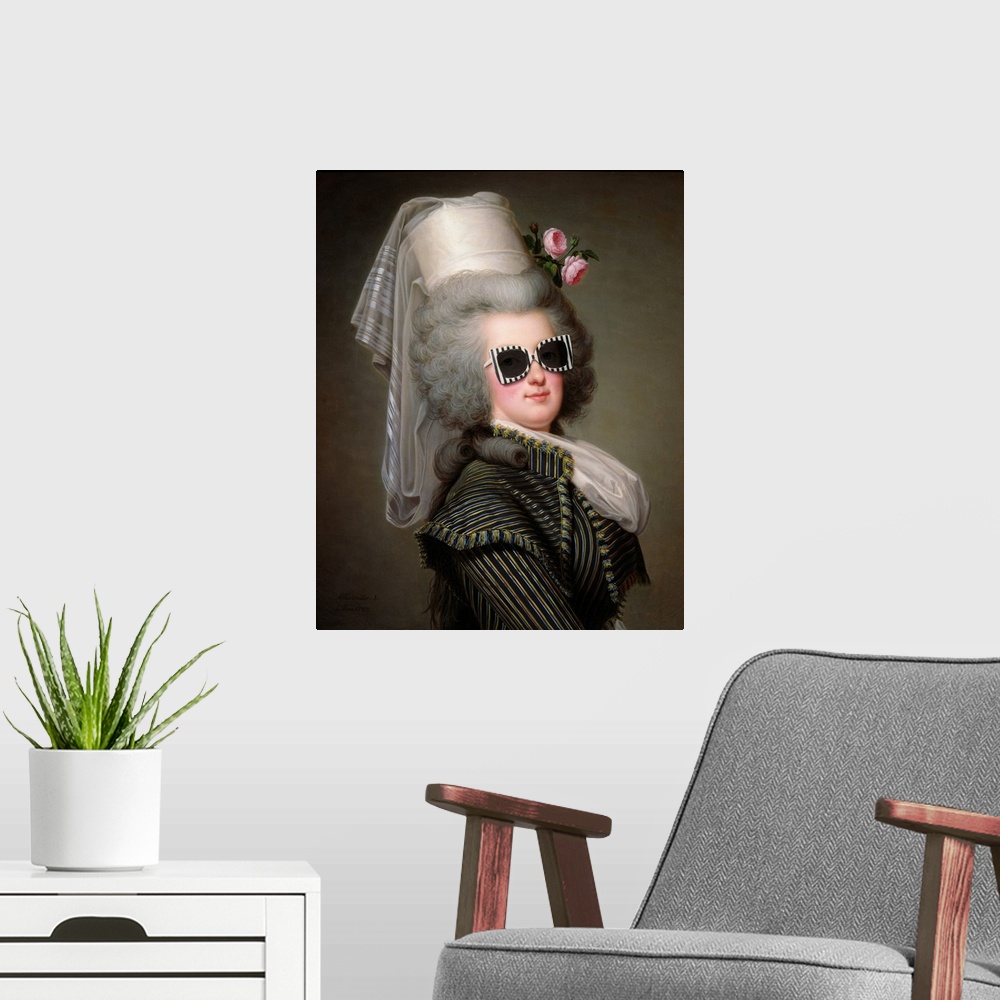 A modern room featuring A modern version of a portrait of Marie-Antoinette in sunglasses.