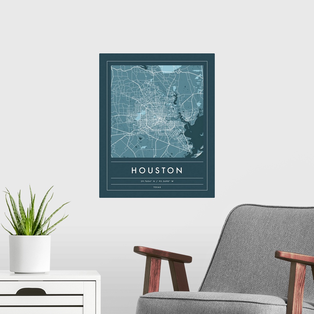 A modern room featuring Navy minimal city map of Houston, Texas, USA with longitude and latitude coordinates.
